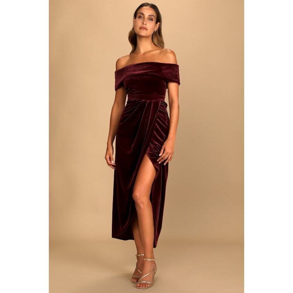 Lulus I'm Enchanted Burgundy Velvet Off-the-shoulder Maxi Dress Red - Size S